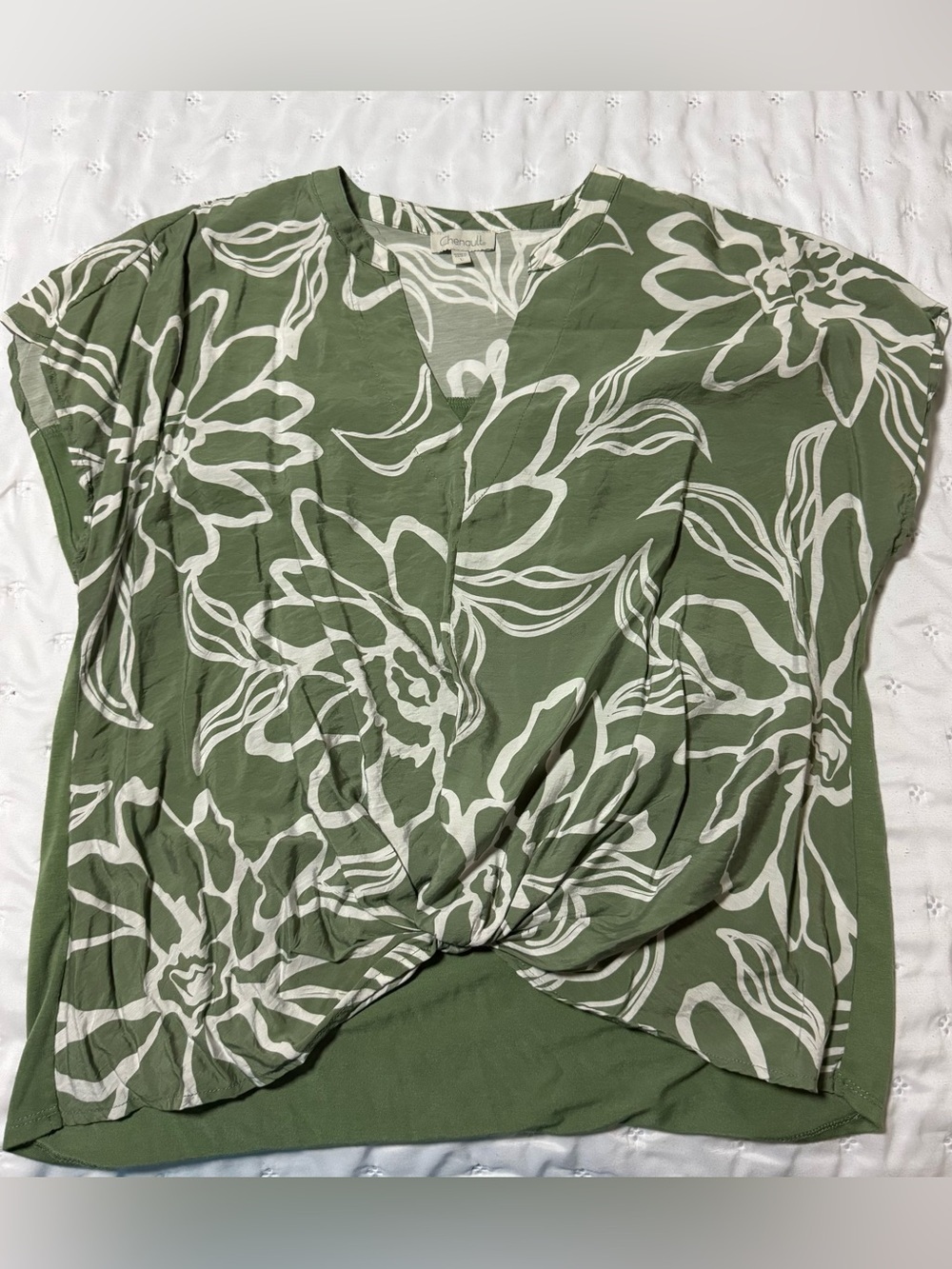 Chenault Olive Green Floral Twist-Front Blouse
